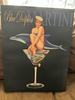 Blue Dolphin Martini Pinup Wall Art - Navy Background
